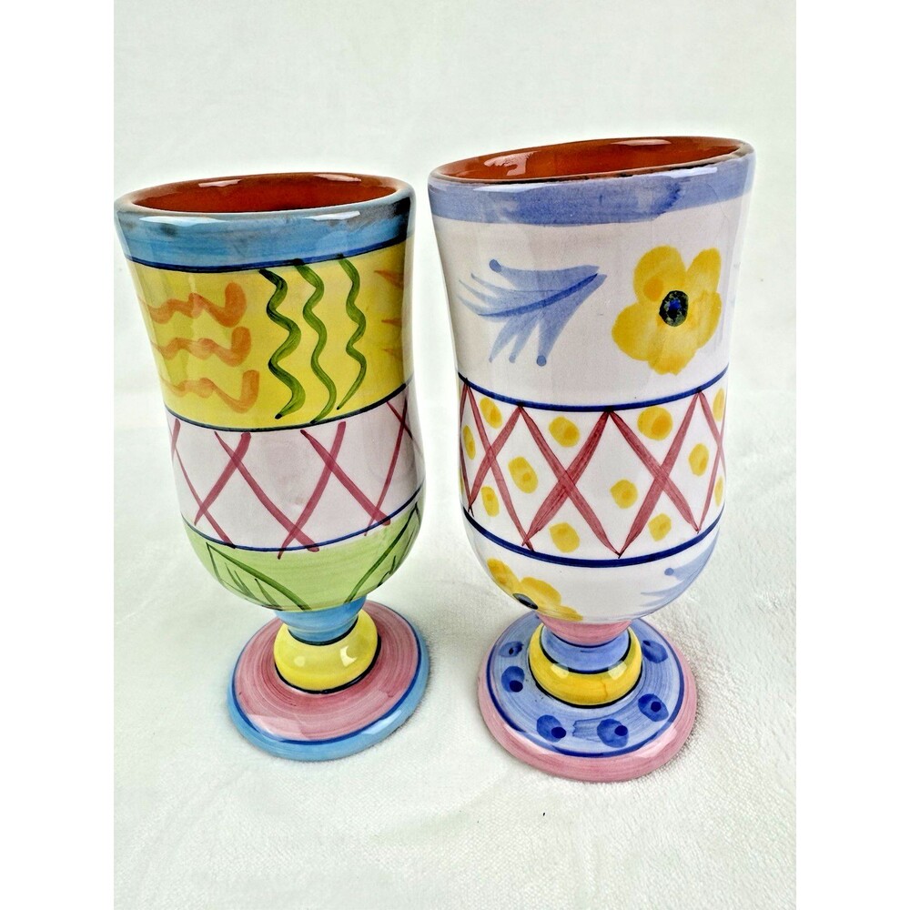 Redware Pottery Set Of 2 Pedestal Drinking Goblets Pastel Glazed Cup 6" Tall 2"W